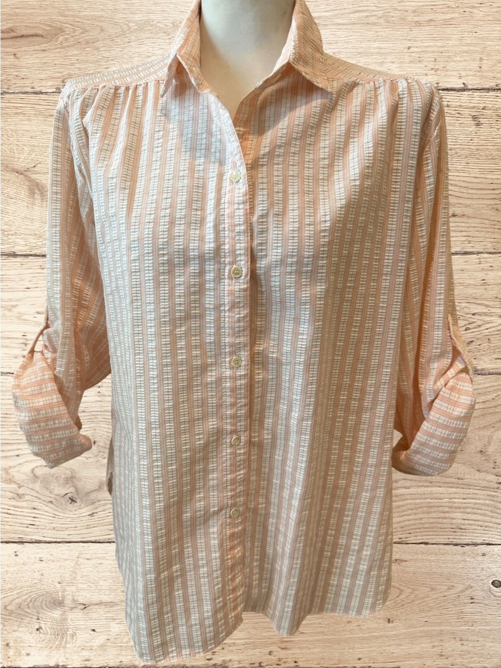Vintage Desmond Shirt Large Peach White Striped Seersucker Mod
